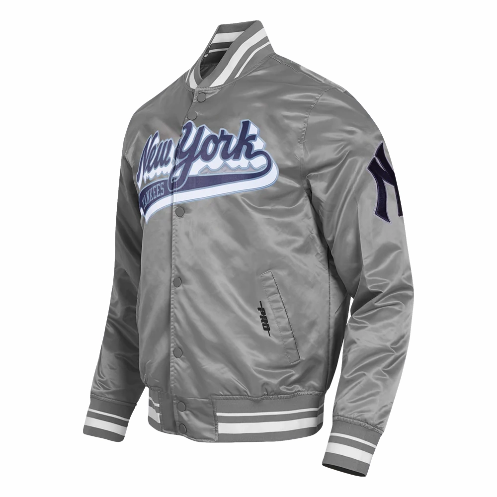 New York Yankees Script Tail Rib Satin Varsity Gray Jacket 1