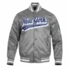 New York Yankees Script Tail Rib Satin Varsity Gray Jacket