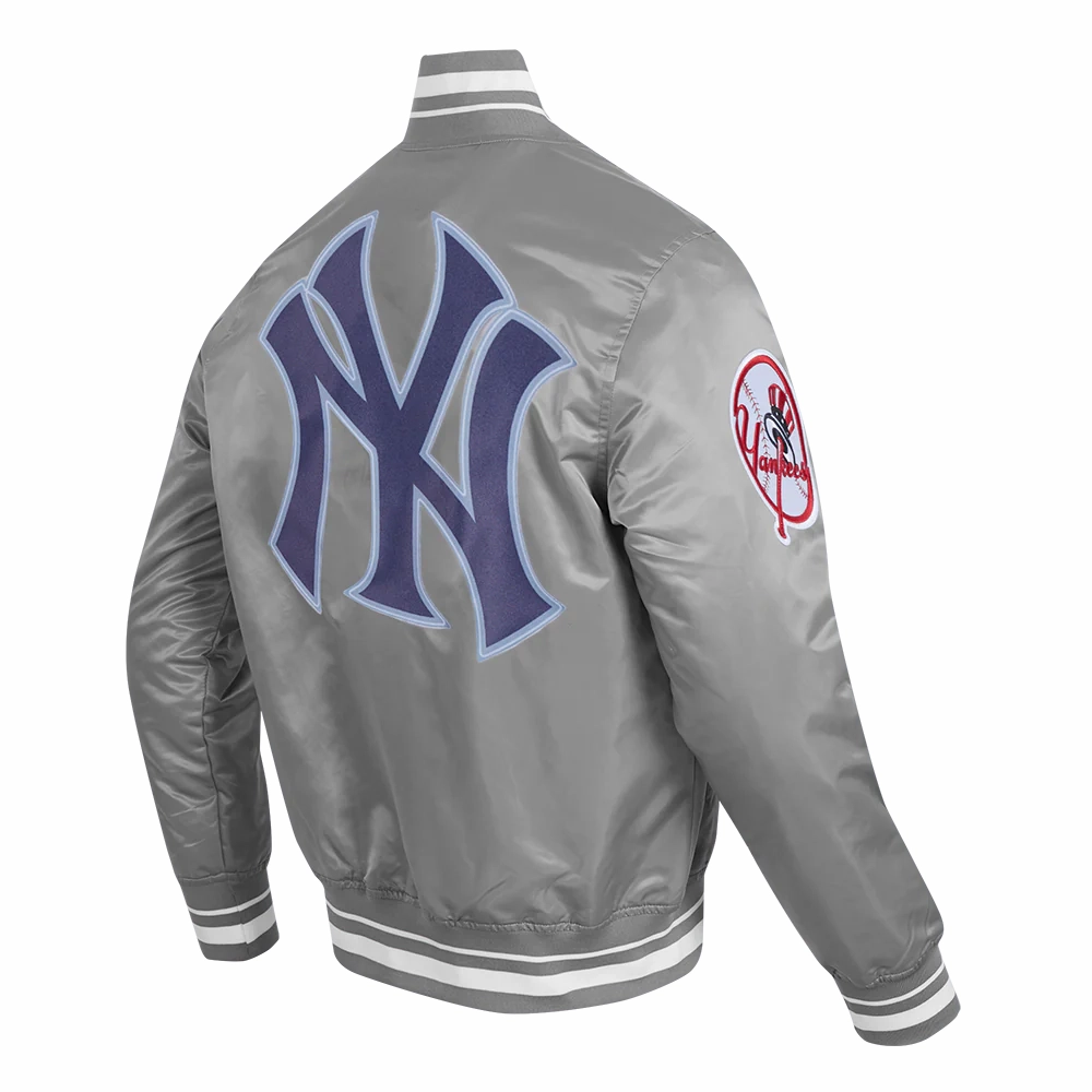 New York Yankees Script Tail Rib Satin Varsity Gray Jacket 2