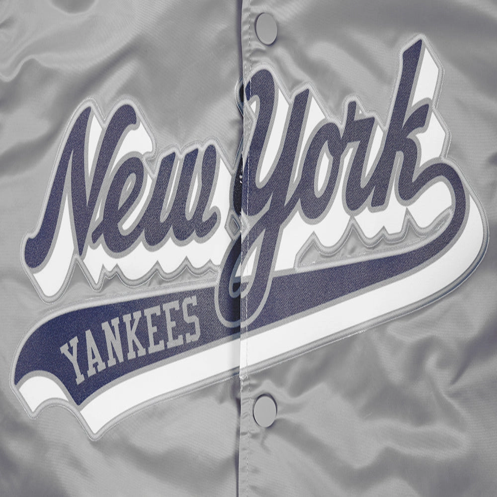 New York Yankees Script Tail Rib Satin Varsity Gray Jacket 3