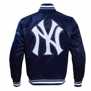 New York Yankees Script Tail Satin Varsity Navy Jacket 1