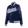 New York Yankees Script Tail Women’s Navy Satin Varsity Jacket 1