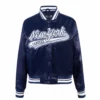 New York Yankees Script Tail Women’s Navy Satin Varsity Jacket
