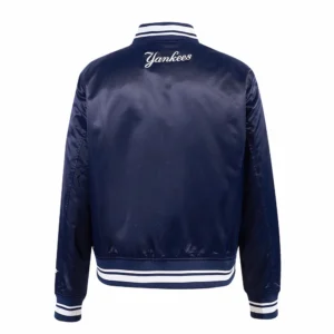 New York Yankees Script Tail Women’s Navy Satin Varsity Jacket 3