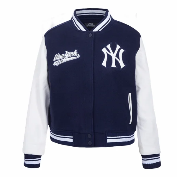 New York Yankees Script Tail Women’s Navy Wool & Leather Varsity Jacket