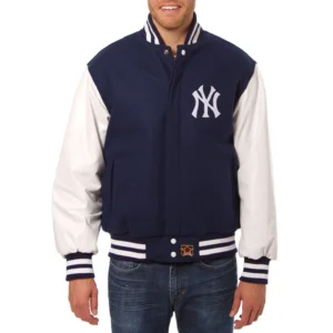 New York Yankees Two Tone Wool and Leather Jacket – NavyWhite