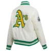 Oakland Athletics Retro Classic Women’s Full-Snap White Satin Varsity Jacket 3