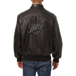 Oklahoma City Thunder Shirt Collar Black Leather Varsity Jacket 1