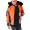 Orange & Black Men's 8 Ball Color Block Hooded Bomber Top Grain Leather Jacket