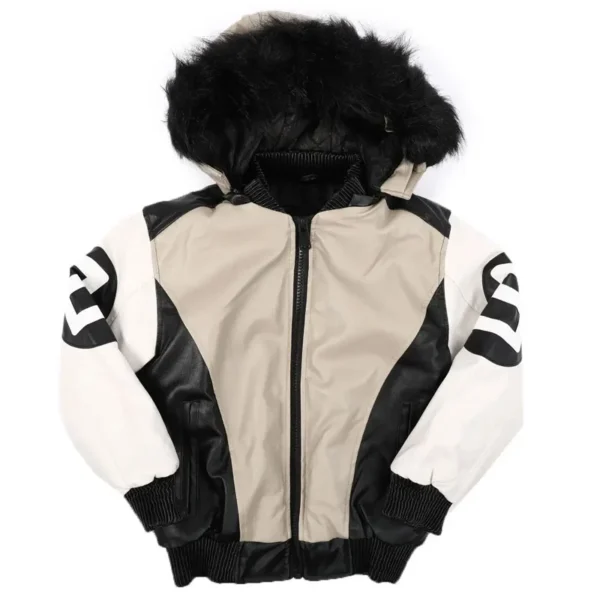 Original Eight Ball Kid's Beige and Black Bomber Fur Hooded Leather Jacket