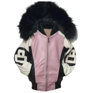 Original Eight Ball Kid's Blush Pink and Black Bomber Fur Hooded Leather Jacket