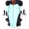 Original Men's 8 Ball Color Block Light Blue Fur Hooded Bomber Leather Jacket