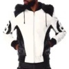 Original Men's 8 Ball Color Block White Fur Hooded Bomber Leather Jacket