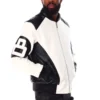 Original Men's Eight Ball Color Block White and Black Fur Hooded Bomber Leather Jacket