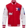 Philadelphia 76ers Old English Rib Knitted Wool and Leather Red and White Varsity Jacket