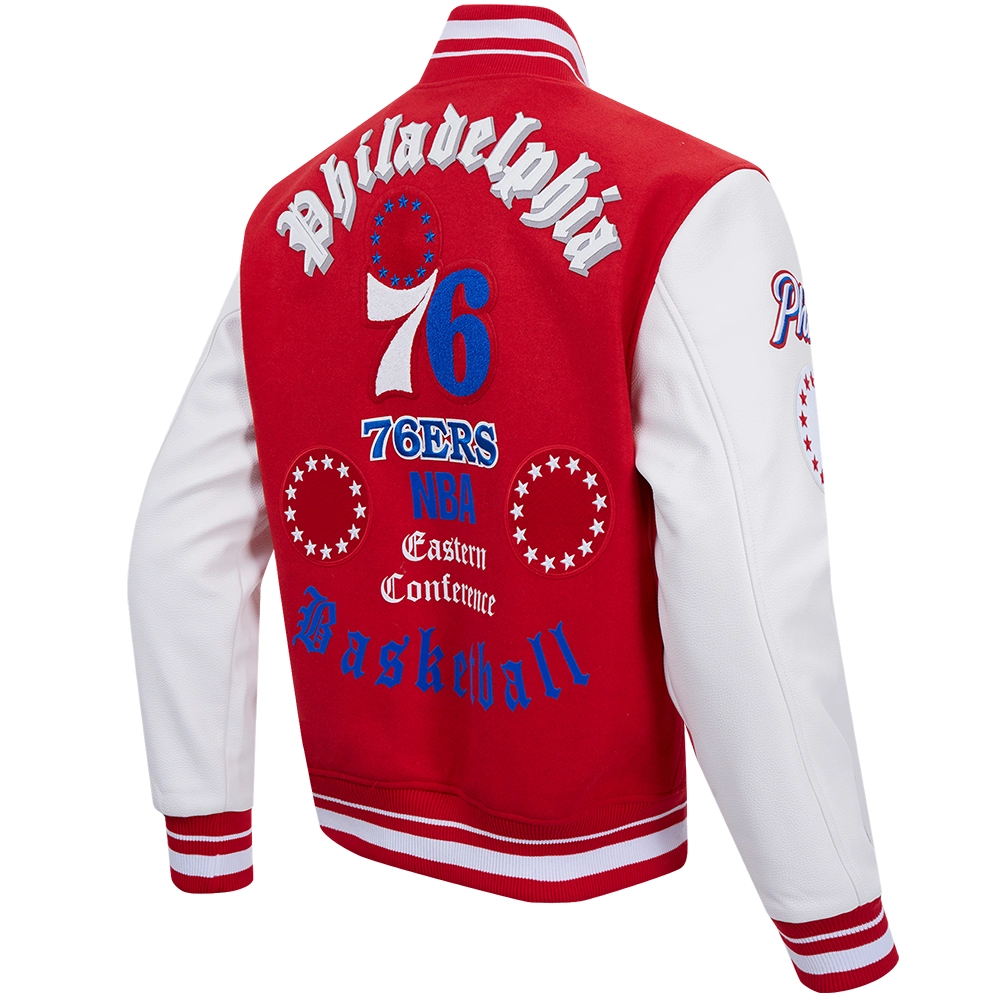 Philadelphia 76ers Old English Rib Knitted Wool and Leather Red and White Varsity Jacket 2