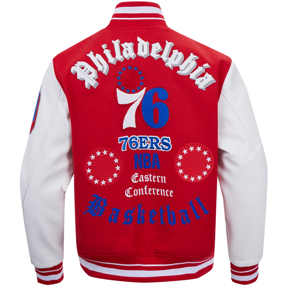 Philadelphia 76ers Old English Rib Knitted Wool and Leather Red and White Varsity Jacket 3