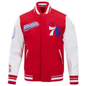 Philadelphia 76ers Red Script Tail Wool Varsity Jacket