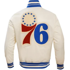 Philadelphia 76ers Retro Classic Satin Cream Varsity Jacket 3