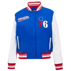Philadelphia 76ers Script Tail Blue Wool Varsity Jacket