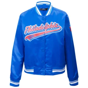Philadelphia 76ers Script Tail Ribbed Knitted Blue Varsity Jacket