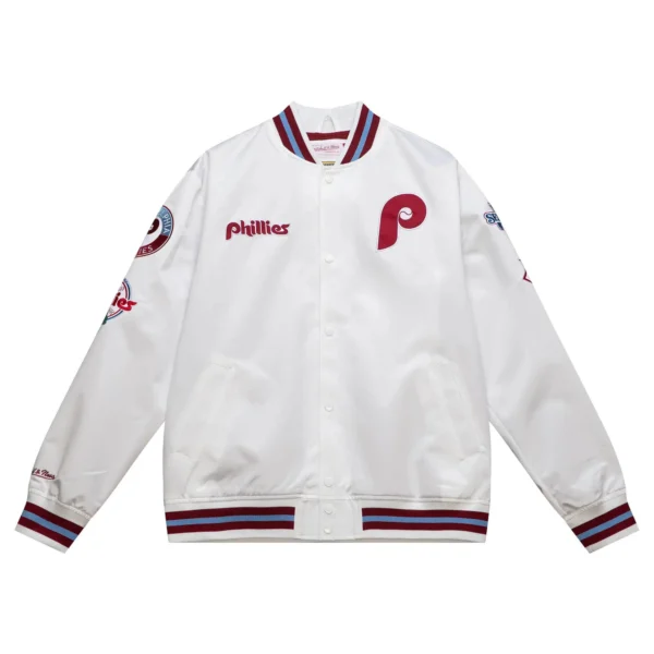 Philadelphia Phillies City Collection Full-Snap Satin Varsity Jacket – White