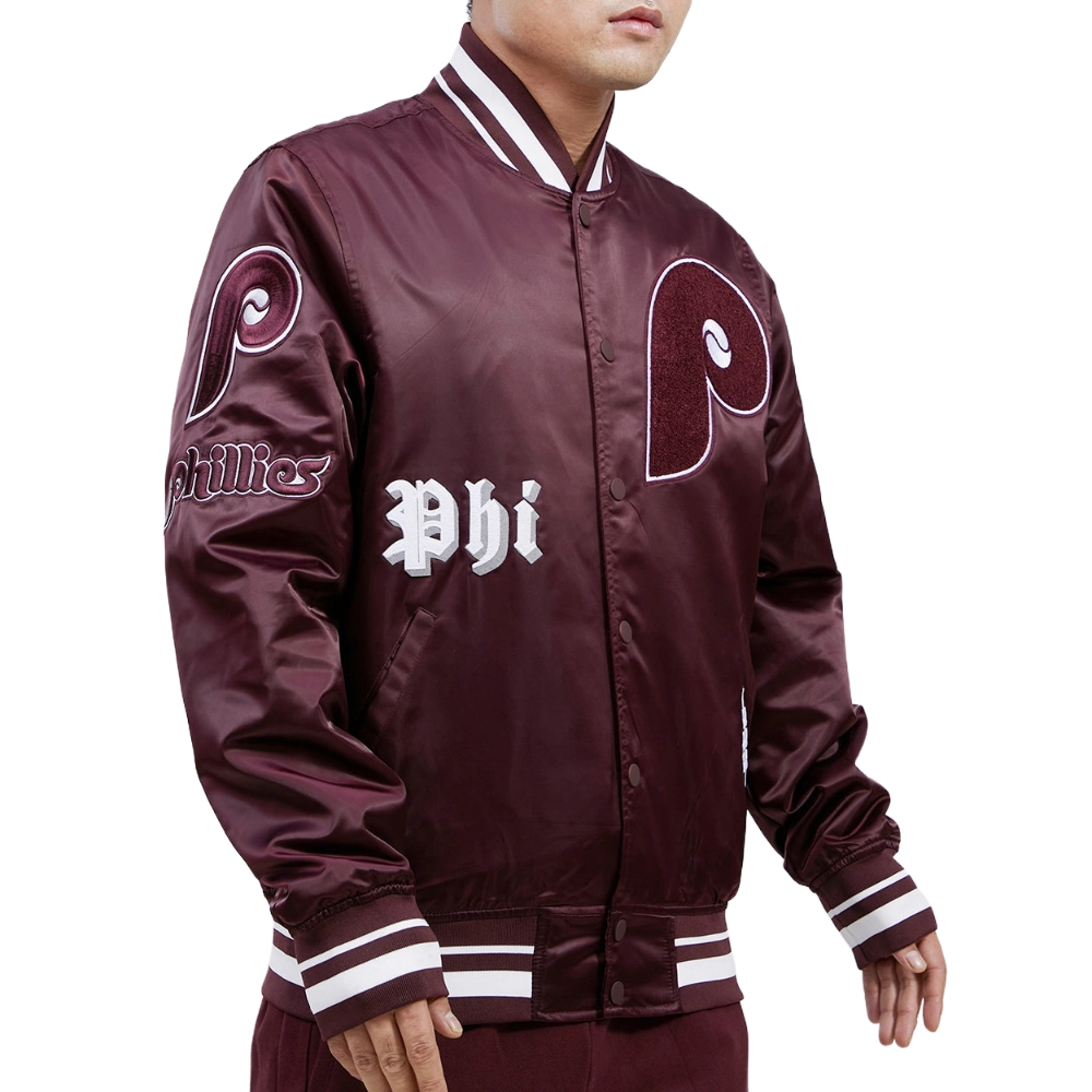 Philadelphia Phillies Old English Full-Snap Satin Varsity Maroon Jacket 2