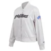 Philadelphia Phillies Retro Classic Women’s Full-Snap Satin Varsity White Jacket 2
