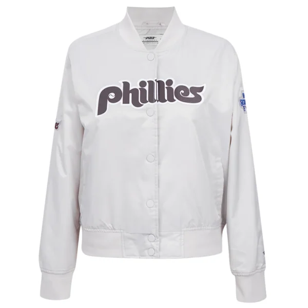 Philadelphia Phillies Retro Classic Women’s Full-Snap Satin Varsity White Jacket