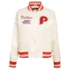 Philadelphia Phillies Retro Classic Women’s Full-Snap White Satin Varsity Jacket