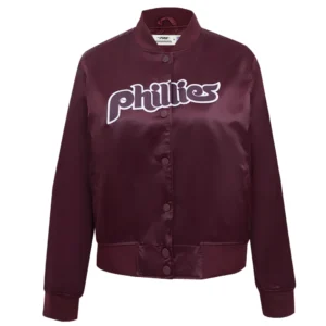 Philadelphia Phillies Retro Classic Women’s Full-Snap Wine Satin Varsity Jacket