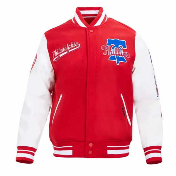Philadelphia Phillies Script Tail RedWhite Wool & Leather Varsity Jacket