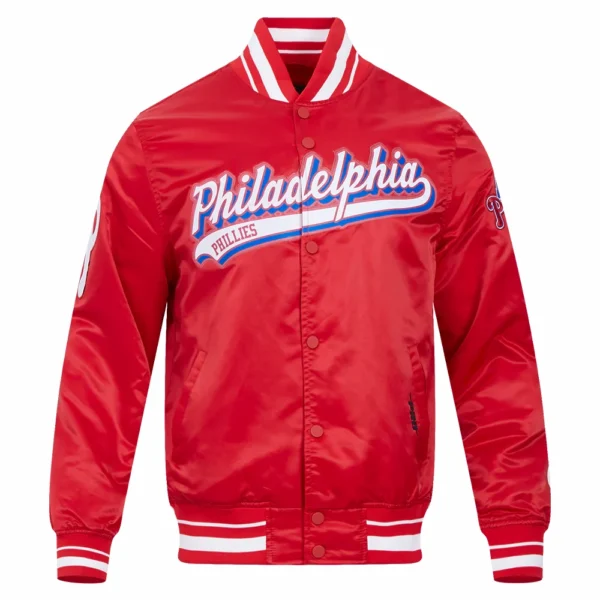 Philadelphia Phillies Script Tail Satin Varsity Red Jacket