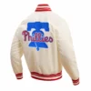 Philadelphia Phillies Script Tail White Satin Varsity Jacket 3