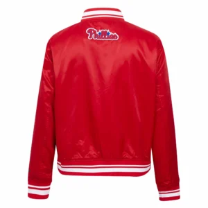 Philadelphia Phillies Script Tail Women’s Red Satin Varsity Jacket 1