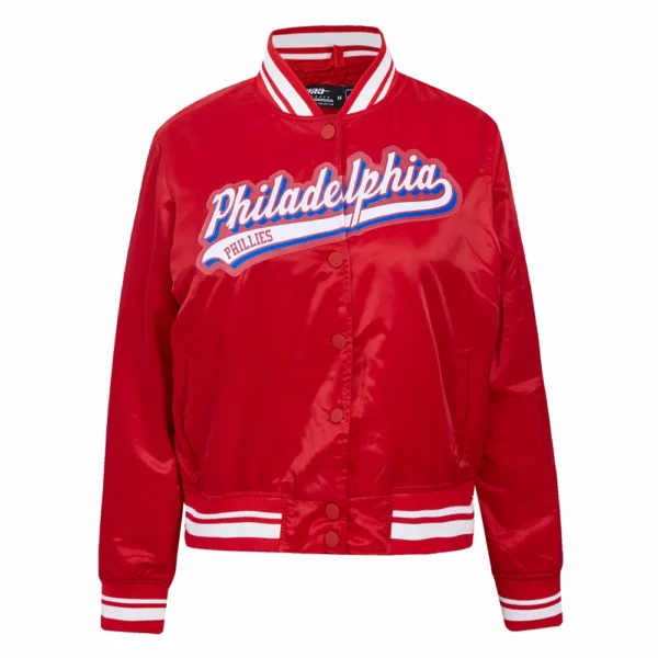 Philadelphia Phillies Script Tail Women’s Red Satin Varsity Jacket