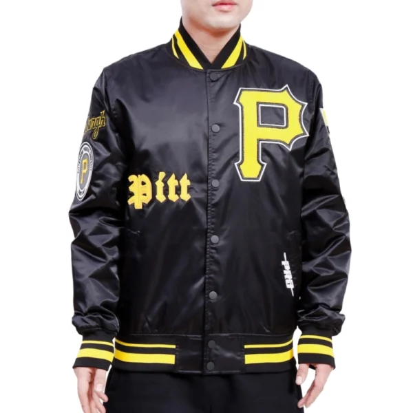 Pittsburgh Pirates Old English Full-Snap Black Satin Varsity Jacket
