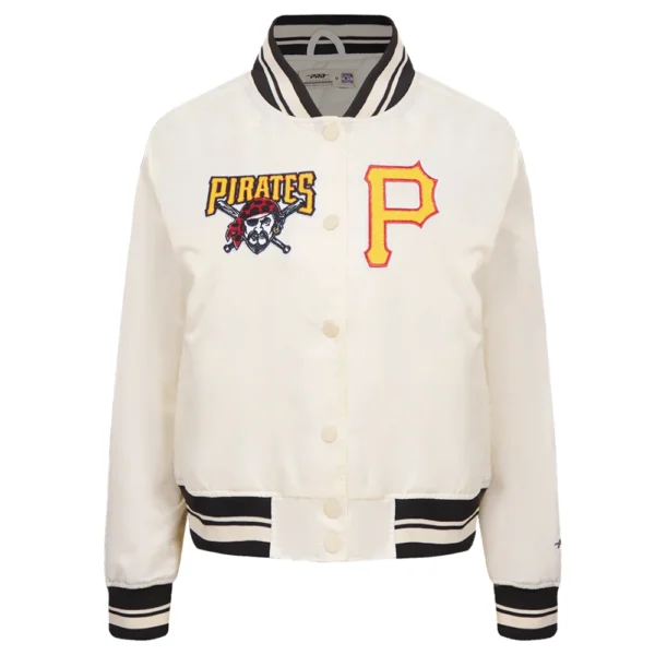Pittsburgh Pirates Retro Classic Women’s Full-Snap White Satin Varsity Jacket
