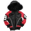 Robert Phillipe 8 Ball Kid's Red Striped Hooded Black Bomber Genuine Leather Jacket