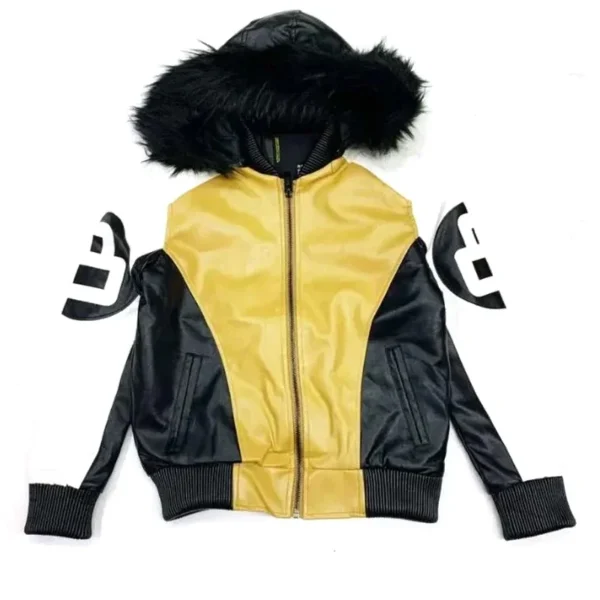 Robert Phillipe Eight Ball Men’s Yellow and Black Faux Fur Hooded Leather Jacket