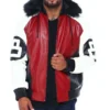 Robert Phillipe Men's 8 Ball Color Block Red Fur Hooded Bomber Genuine Leather Jacket