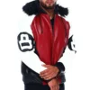 Robert Phillipe Men's Eight Ball Color Block Red and Black Fur Hooded Bomber Leather Jacket