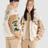 Roots X Clot Ivory and Camel Varsity Jacket 3