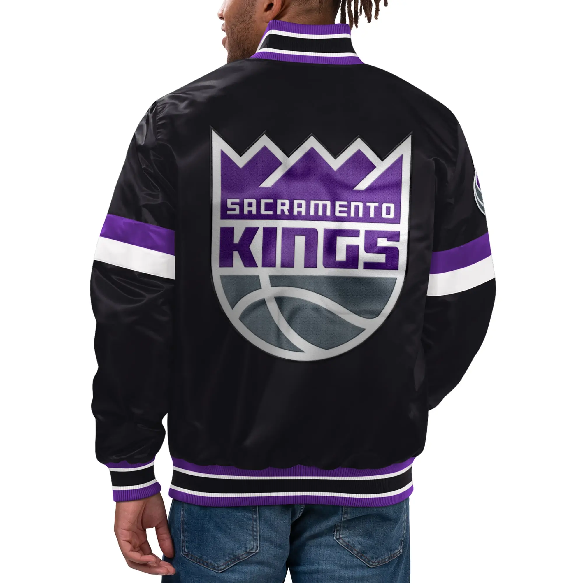 Sacramento Kings Home Game Full-Snap Black Satin Varsity Jacket 1