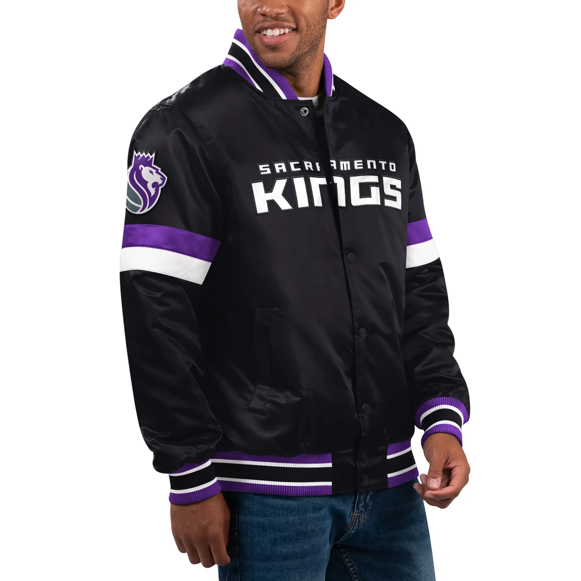 Sacramento Kings Home Game Full-Snap Black Satin Varsity Jacket