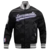 Sacramento Kings Script Tail Black Satin Varsity Jacket 1
