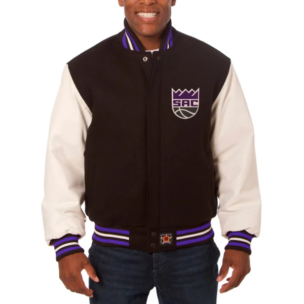 Sacramento Kings Two Tone Black and White Wool and Leather Varsity Jacket