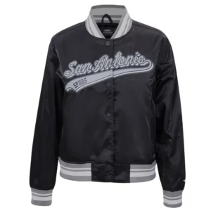 San Antonio Spurs Script Tail Full-Snap Black Satin Varsity Jacket