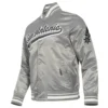 San Antonio Spurs Script Tail Ribbed Knitted Gray Satin Varsity Jacket 1