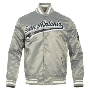 San Antonio Spurs Script Tail Ribbed Knitted Gray Satin Varsity Jacket